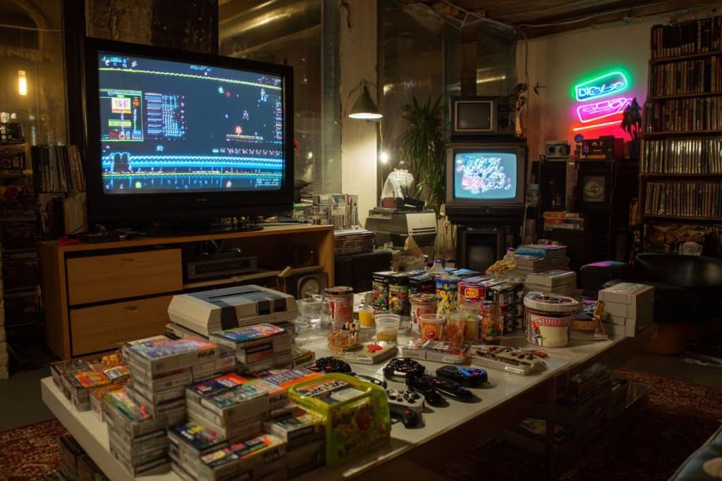 Soirée pyjama geek rétro années 90 avec amis en pyjama, jeux vidéo rétro, VHS et bonbons d’époque