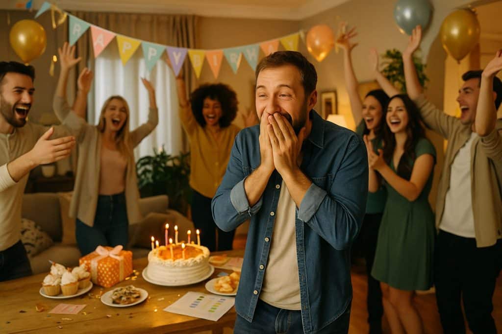 Invité d’honneur ému entrant dans une pièce décorée pour un anniversaire surprise, entouré d’amis applaudissant et de décorations festives