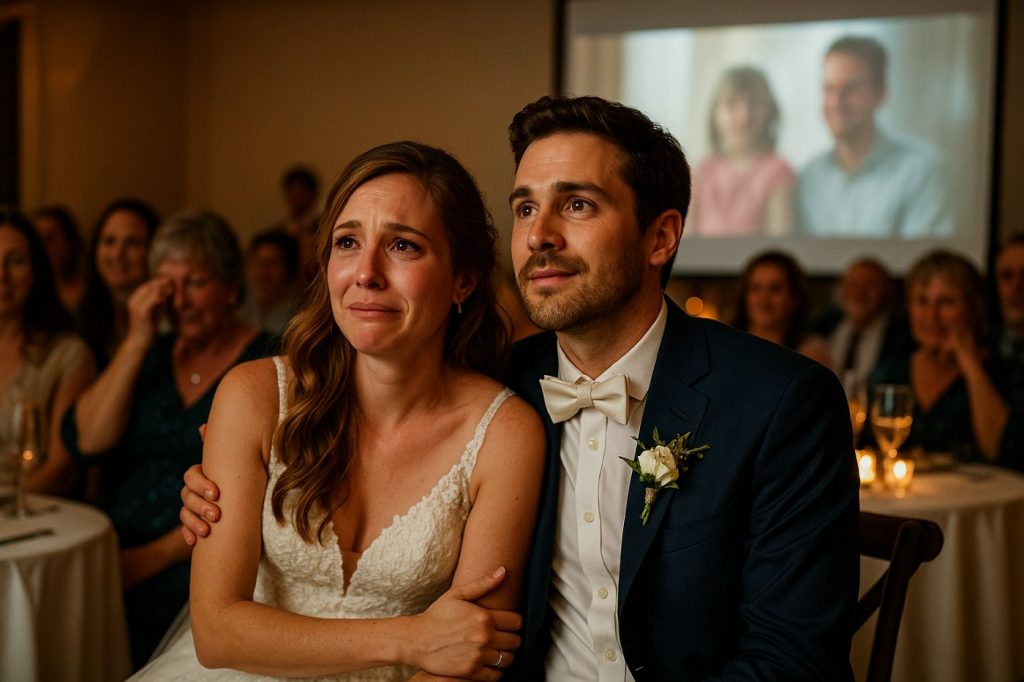 Couple de mariés ému découvrant une vidéo surprise projetée pendant la réception, entouré d'invités touchés