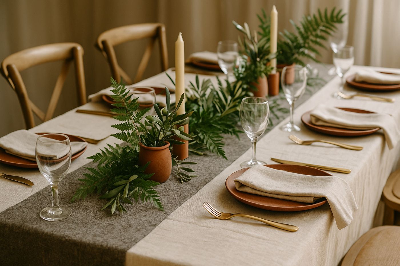 Table de mariage décorée avec nappe en lin écru, vaisselle en terre cuite, chemin de table en feutre recyclé, fougères et branches d’olivier