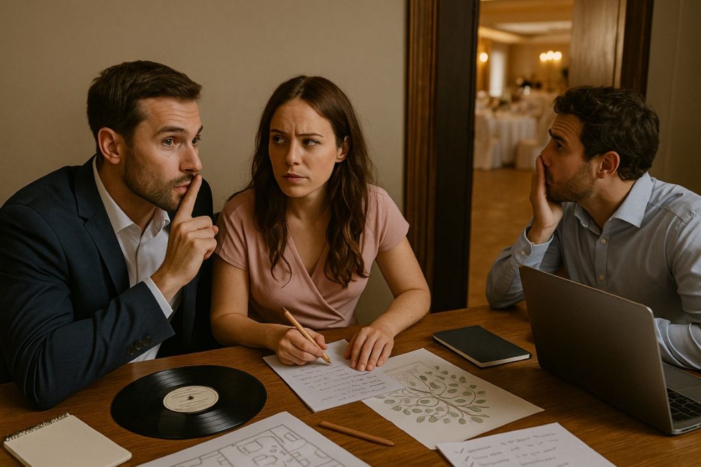 Témoins de mariage organisant en secret une surprise, réunis autour d’une table avec ordinateur, plans de salle et liste d’invités