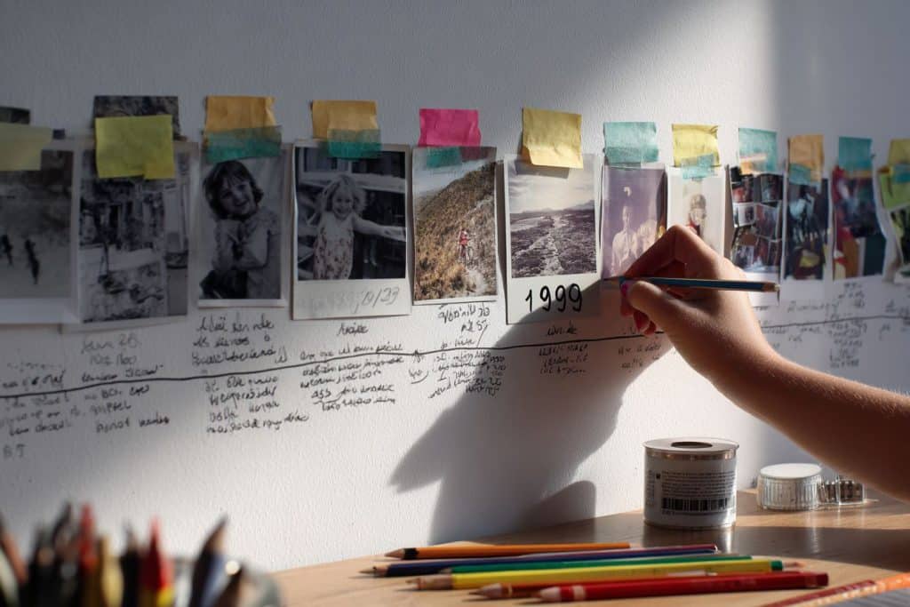 Timeline de vie géante au mur avec photos et post-it pour anniversaire 40 ou 50 ans