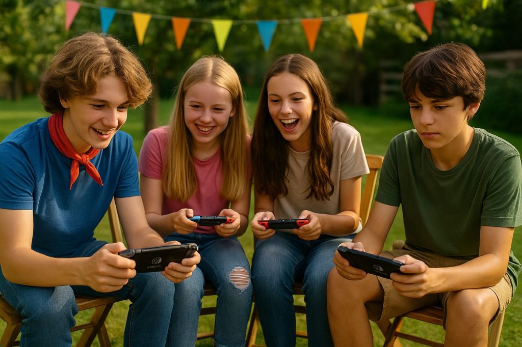 Adolescents participant à un tournoi Mario Kart sur consoles Nintendo Switch en plein air, ambiance conviviale avec guirlandes colorées.