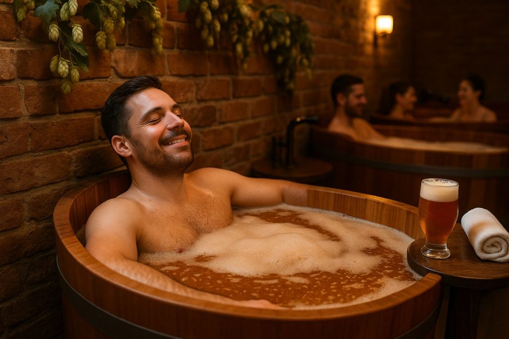 EVG original à Paris : un homme détendu profite d’un bain de bière dans un beer spa avec ambiance rustique, une activité insolite et relaxante entre amis