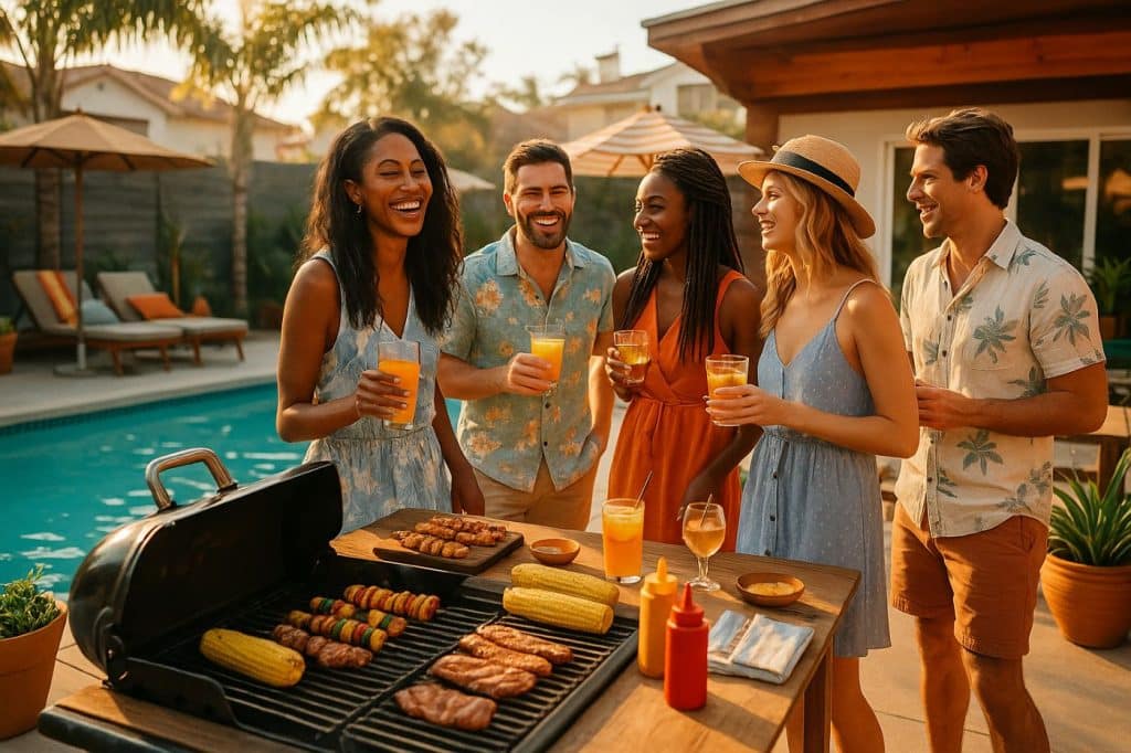 Groupe d’amis en tenues estivales riant autour d’un barbecue allumé au bord d’une piscine dans une villa californienne, ambiance dorée de fin d’après-midi