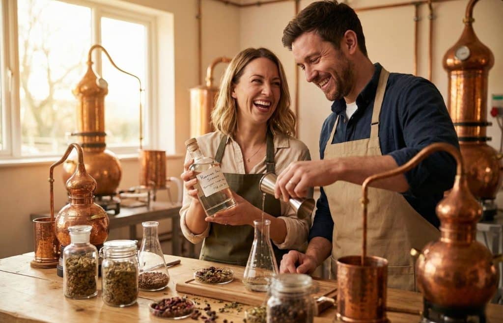 Collègues profitant d'un atelier artisanal comme cadeau de départ immatériel et mémorable atelier distillerie whisky