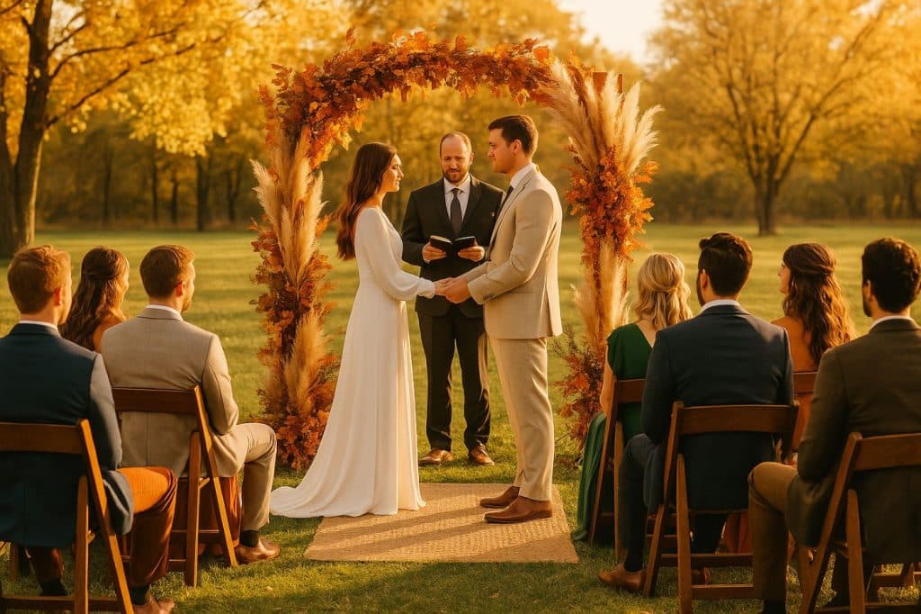 Cérémonie de mariage en extérieur au mois d’octobre, dans une lumière dorée d’été indien, avec couple élégant échangeant ses vœux sous une arche fleurie entourée d’invités bien habillés