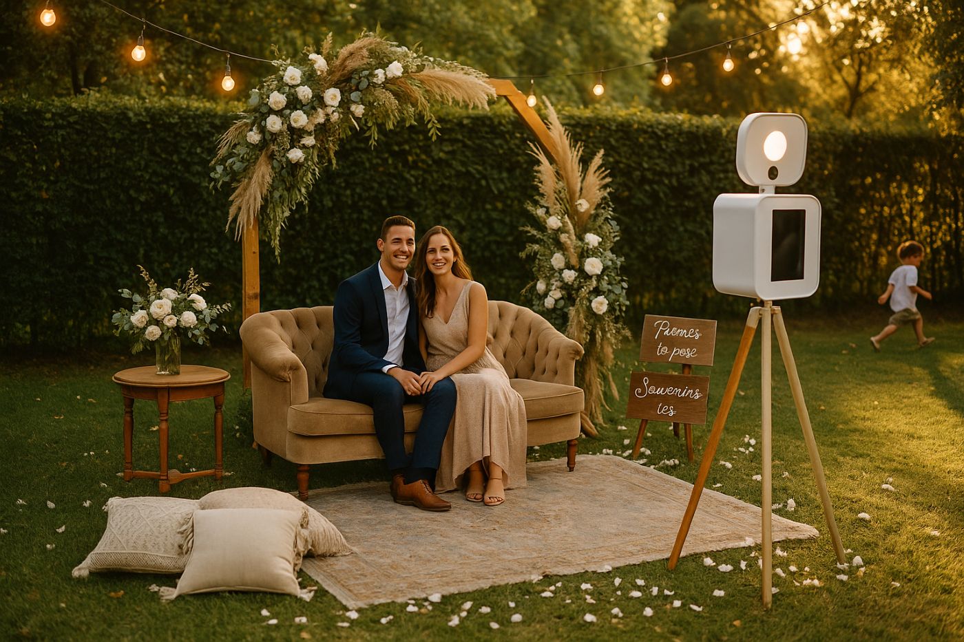 coin photo de mariage dans un jardin d'automne avec borne photo et décoration florale