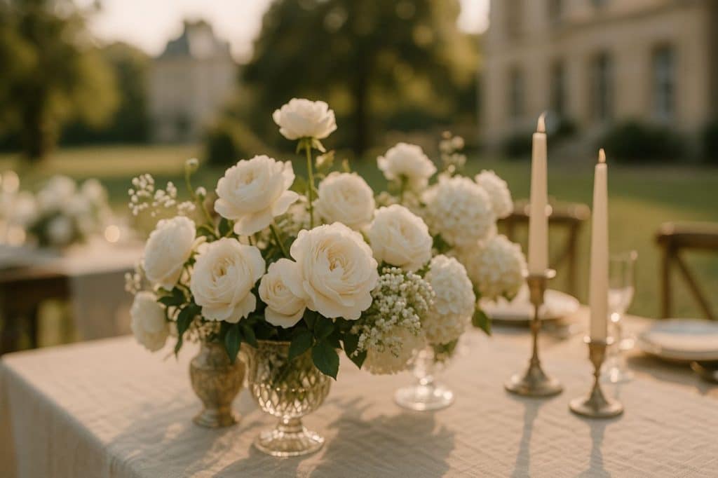 Compositions florales blanches raffinées sur une table de mariage old money, avec pivoines, roses anglaises et bougies ivoire en extérieur