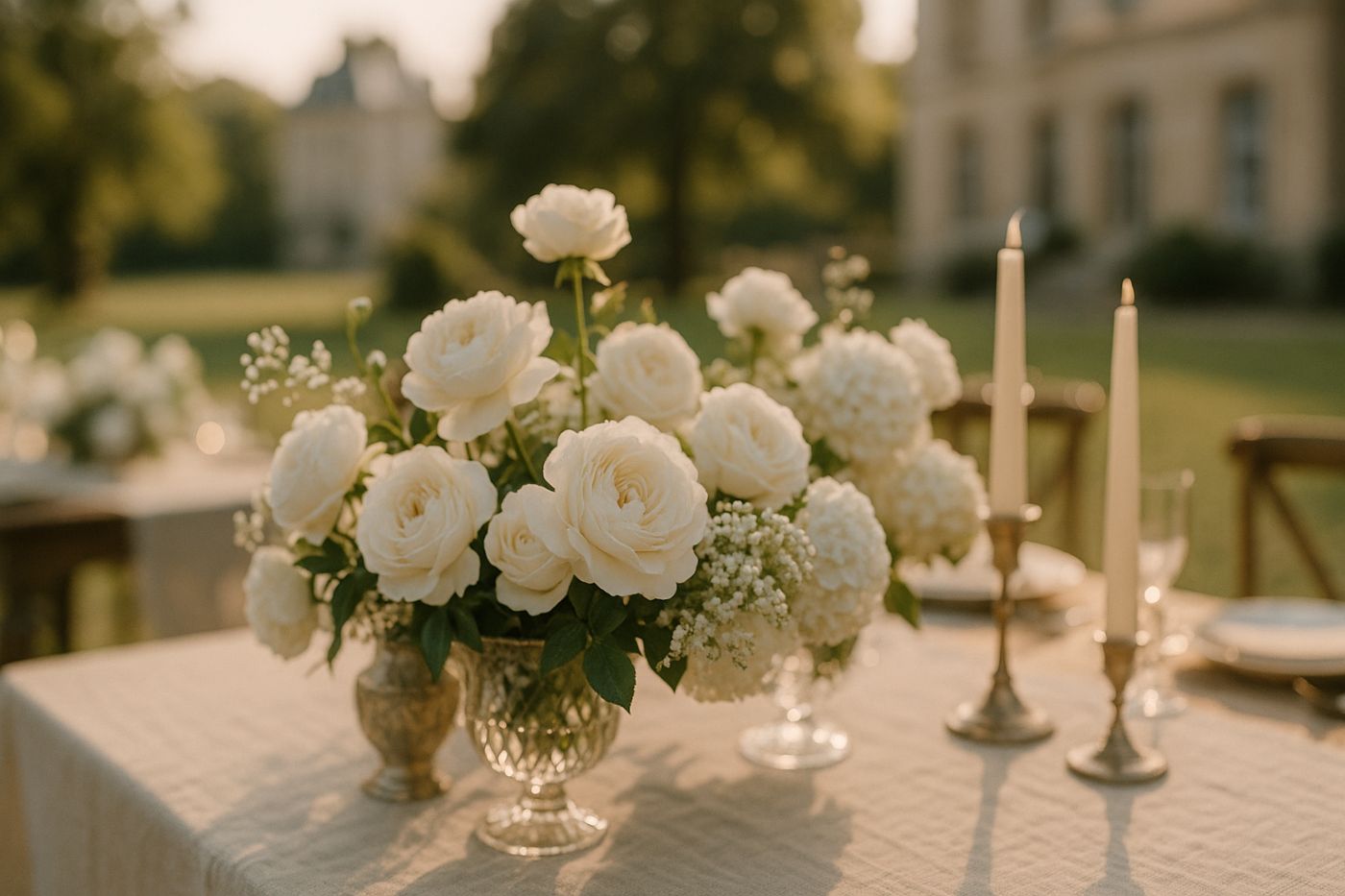 Pivoines et roses blanches en composition sur une table de mariage printanier en extérieur