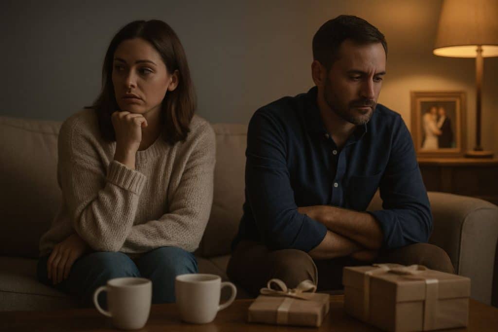 Couple en pleine remise en question assis en silence sur un canapé, atmosphère tamisée et émotionnelle évoquant une crise conjugale