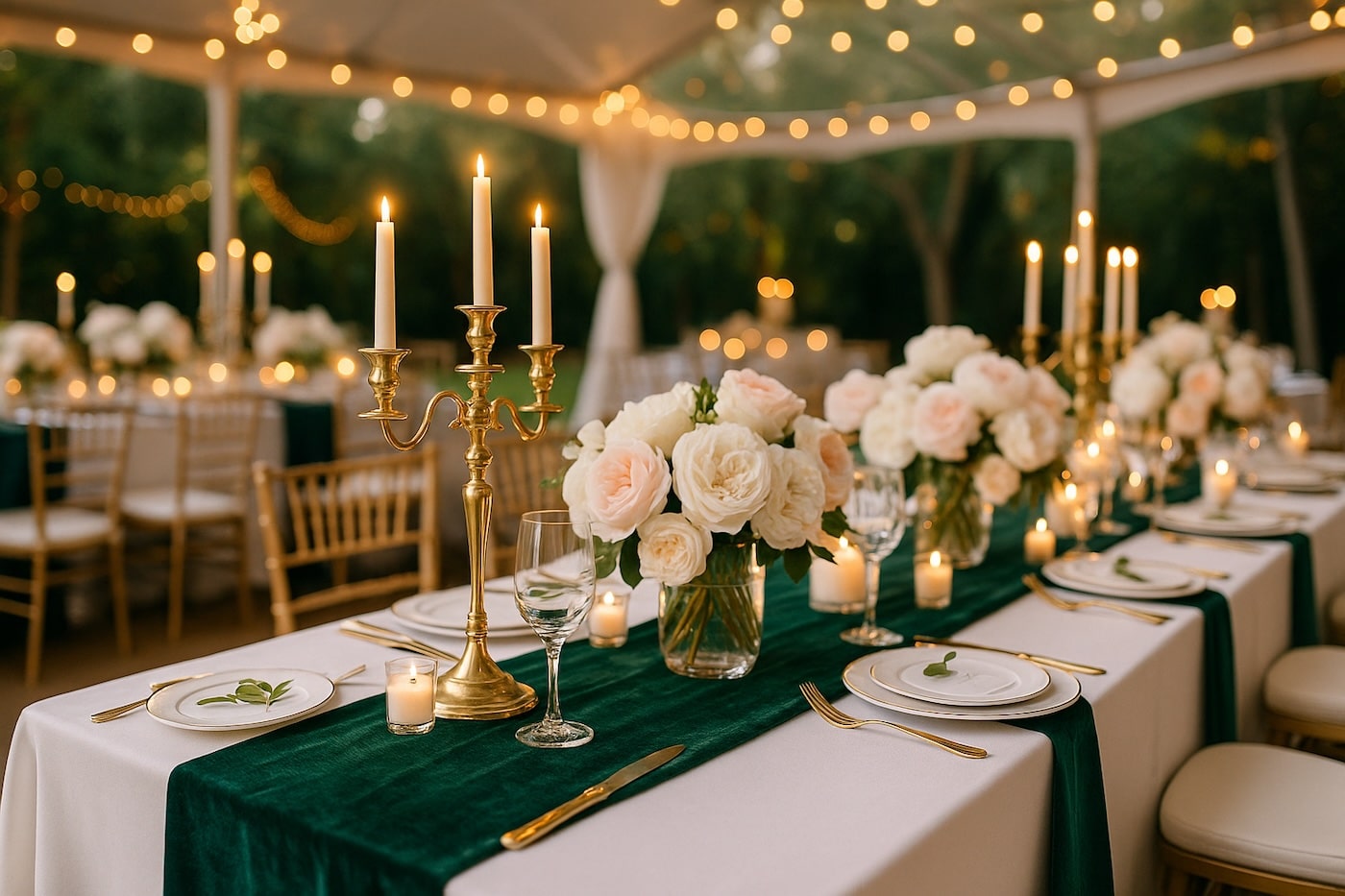 able de mariage chic dressée en extérieur sous une tente, avec nappes blanches, chemin de table en velours vert émeraude, bouquets de roses blanches, chandeliers dorés et guirlandes lumineuses – inspiration déco mariage élégant