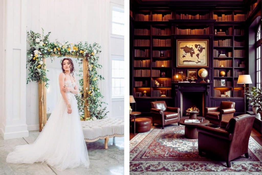 deco style mariage old money mariée devant miroir ancien vintage doré bibliothèque charme intemporel riche chic élégant