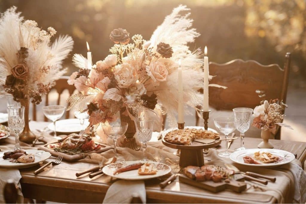 décoration table mariage bois brut façon style rustique repas diner chandelle fleurs séchés