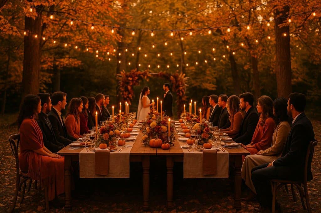 Dîner de mariage automnal en plein air avec grande tablée rustique, décorée de citrouilles, bougies et fleurs de saison, sous guirlandes lumineuses dans une clairière au coucher du soleil
