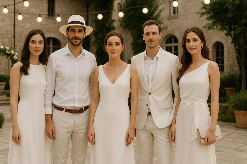Groupe d’invités habillés en blanc dans un jardin élégant, illustrant le dress code chic et raffiné d’une soirée blanche estivale
