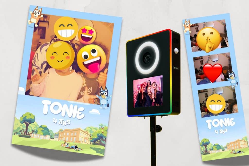photobooth personnalisé kiftabox tirage photos imprimées anniversaire bluey Tonie 4 ans emoji cache les tête des enfants bandelette format 10x15 cm