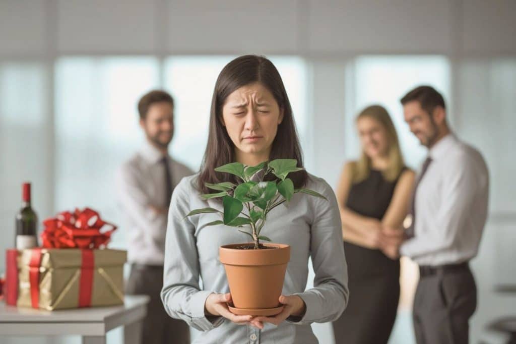collègue femme déçue de son cadeau pot de départ plante