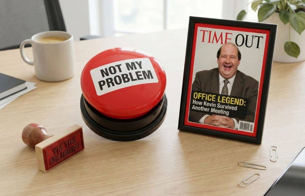 Sélection de cadeaux humoristiques pour pot de départ : buzzer, tampon personnalisé et fausse une de magazine