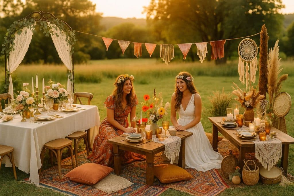 Décoration de mariage bohème chic, hippie et folk installée en extérieur, ambiance naturelle au coucher du soleil avec arche florale, tapis colorés et vaisselle artisanale.