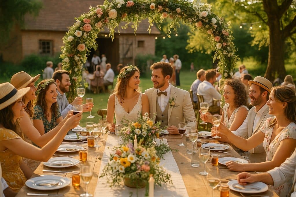 mariage champetre en extérieur chemin de table bocaux mariés famille repas