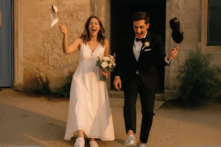 Jeune couple de mariés lançant leurs chaussures de cérémonie et enfilant des Crocs pailletées devant une église en pierre, symbolisant la tendance mariage en Crocs