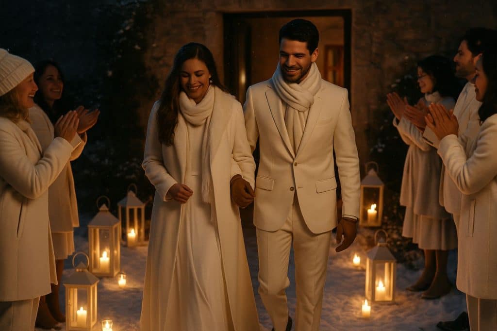Couple de mariés en blanc entouré d’invités lors d’une soirée blanche hivernale, avec lanternes et neige devant une bâtisse en pierre