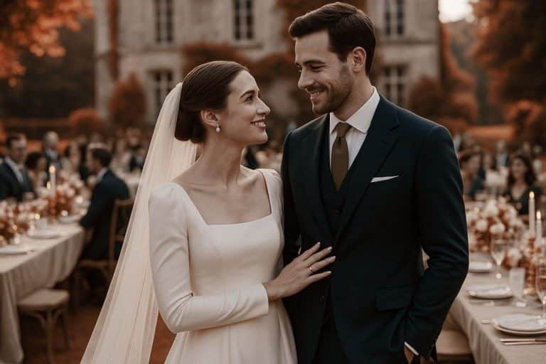 Jeunes mariés élégants lors d’un mariage old money chic dans un jardin de château, ambiance raffinée et intemporelle