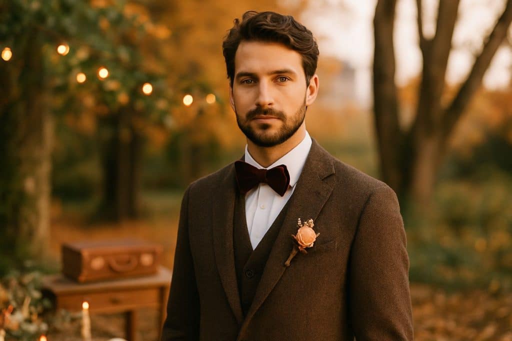 Portrait du marié en costume en laine brun foncé et nœud papillon bordeaux, debout dans un sous-bois aux couleurs d’automne, lumière dorée sur le visage.