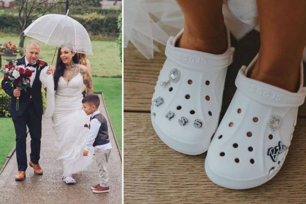 mariée en crocs sous la pluie sneakers blanches mariage tendance décalée