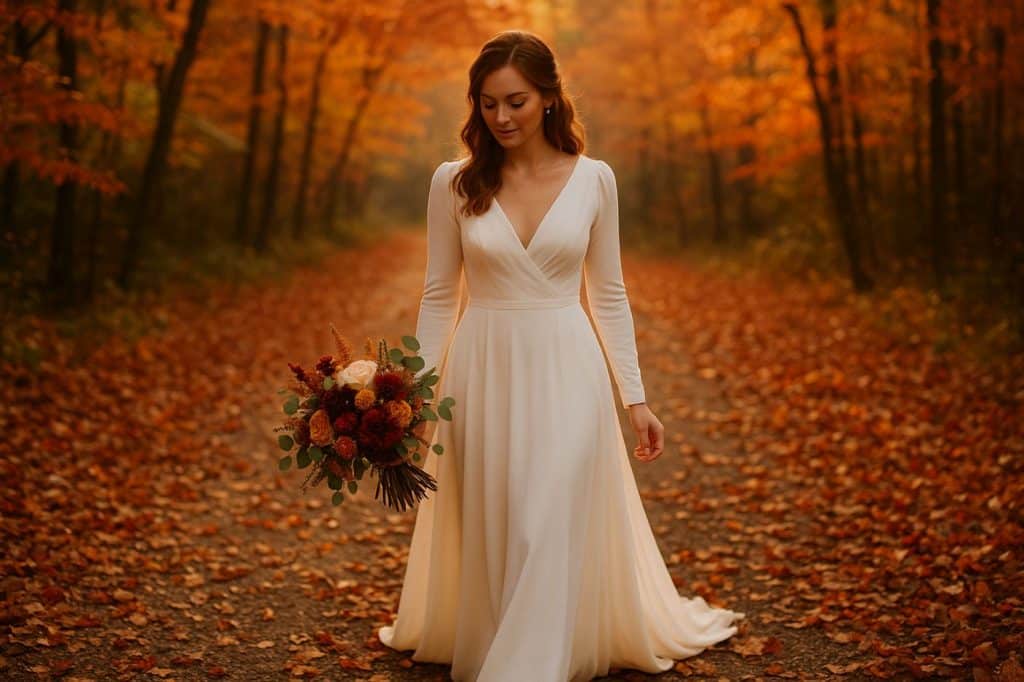 Mariée en robe à manches longues marchant sur un chemin boisé couvert de feuilles d’automne, bouquet de fleurs de saison à la main, lumière dorée de fin de journée.