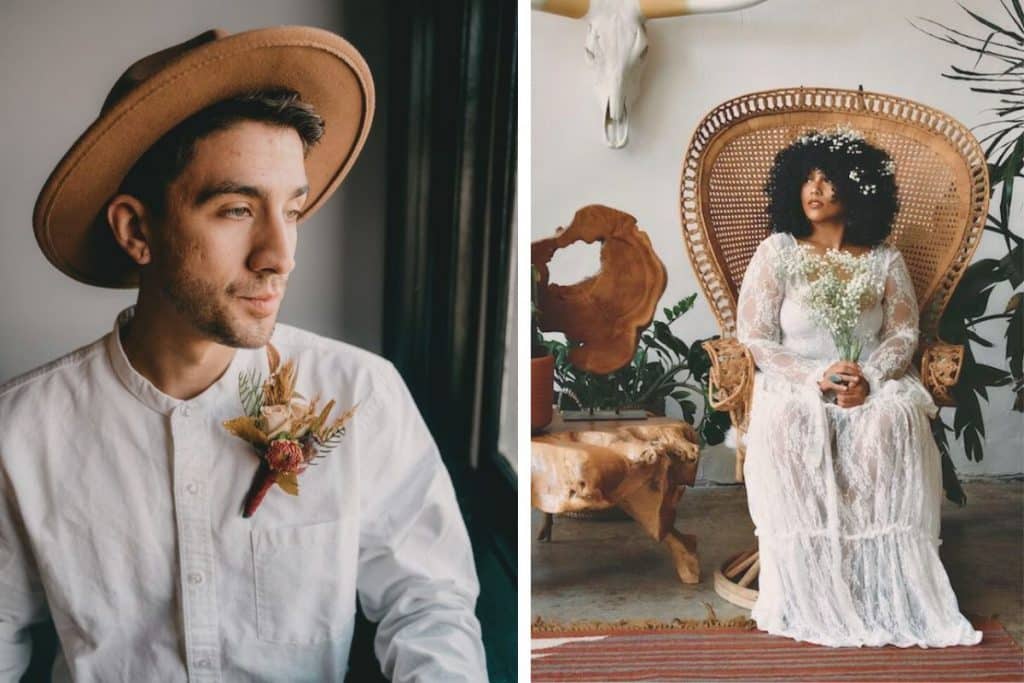 look boheme pou un mariage sstyle accessoires robe dentelle blanche chapeau boho homme femme deco couleur