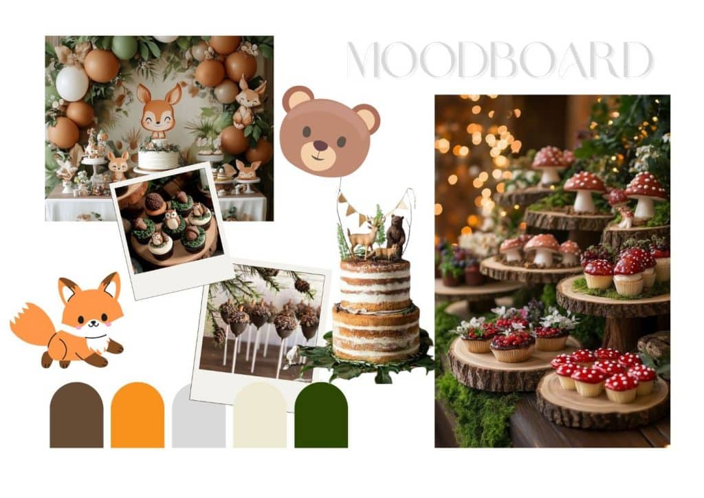 moodboard theme anniversaire animaux de la forêt renard ours pour enfant tout petit gateau décoration diy nuancier couleur