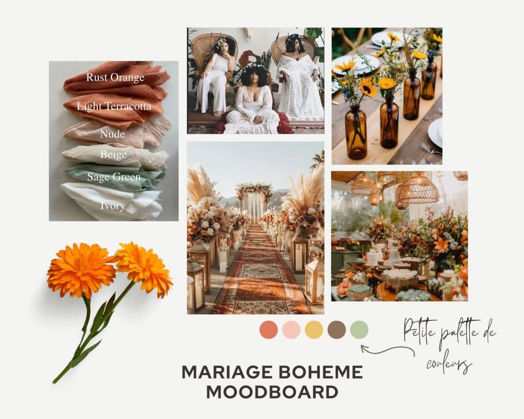 moodboard mariage thème bohème décoration style nuancier couleur tendance accessoires tenue robe mariée
