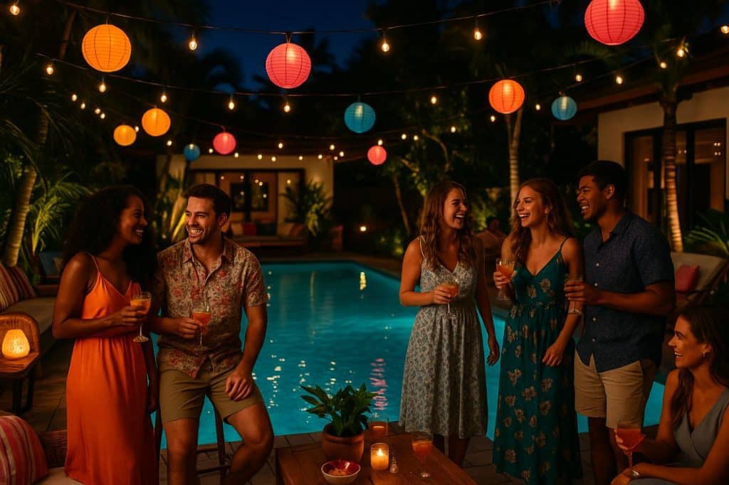 Fête nocturne autour d’une piscine illuminée, lanternes colorées suspendues, invités discutant joyeusement dans une villa tropicale décorée pour l’été