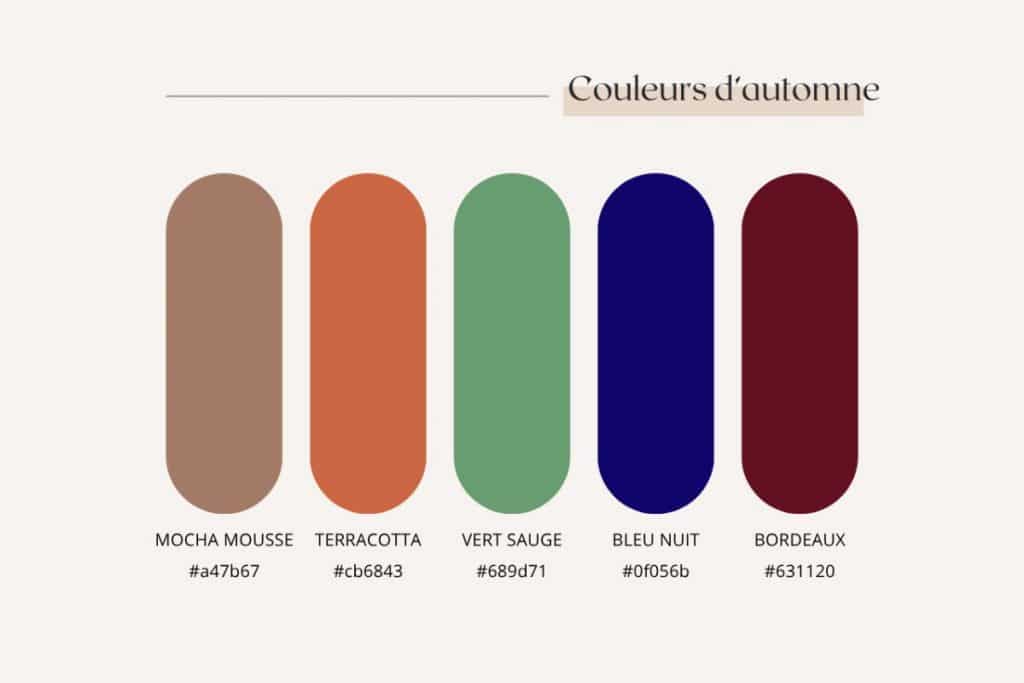 nuancier couleur automne mariage tendance mocha mousse terracotta vert sauge bordeaux bleu nuit code hex