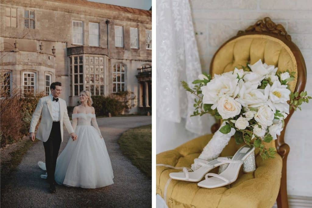 maison de maitre salle mariage mariés old money style escarpins fleur chaise vintage