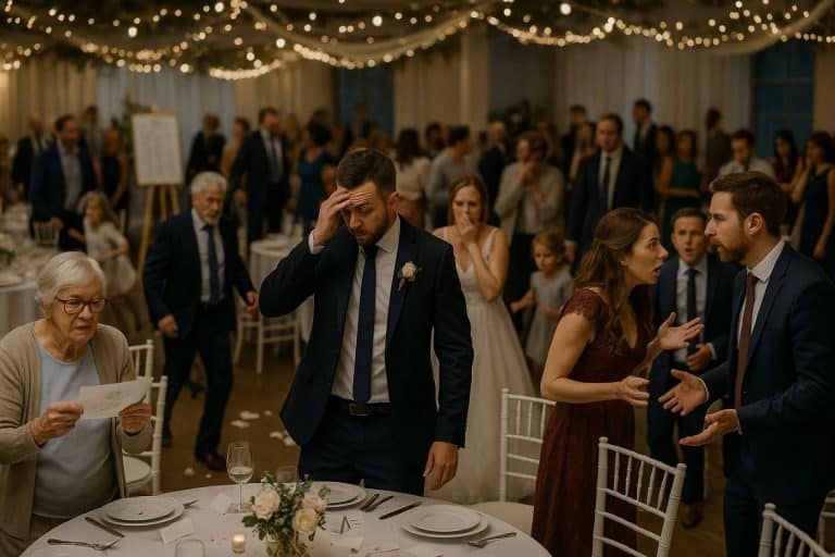 Des invités perdus et stressés cherchent leur place lors d’un mariage sans plan de table, dans une salle de réception décorée mais en plein désordre.