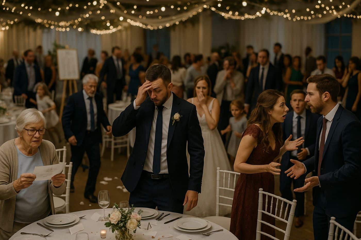 Des invités perdus et stressés cherchent leur place lors d’un mariage sans plan de table, dans une salle de réception décorée mais en plein désordre.