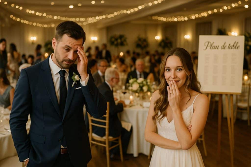 Mariés soulagés devant une salle de mariage bien organisée grâce à un plan de table clair et lisible, avec des invités installés sereinement.