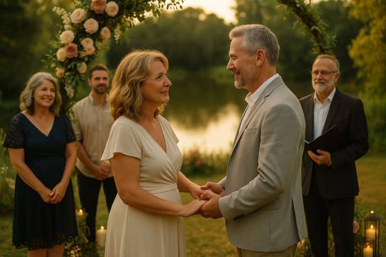 Couple dans la cinquantaine échangeant leurs vœux de mariage dans un jardin fleuri, entouré de proches, au coucher du soleil