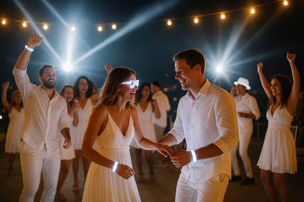 Invités en blanc dansant sur un rooftop en soirée, éclairés par des projecteurs LED et des accessoires lumineux lors d’une soirée blanche festive et élégante