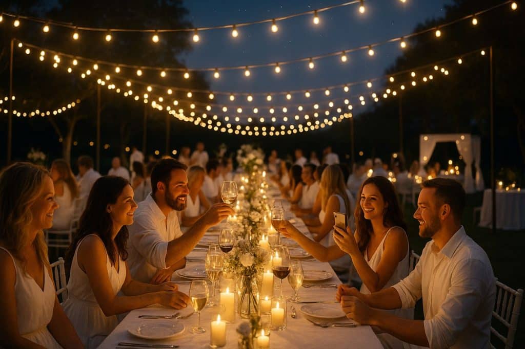 Invités habillés en blanc réunis autour d’une longue table en extérieur, sous des guirlandes lumineuses, lors d’une soirée blanche élégante et festive