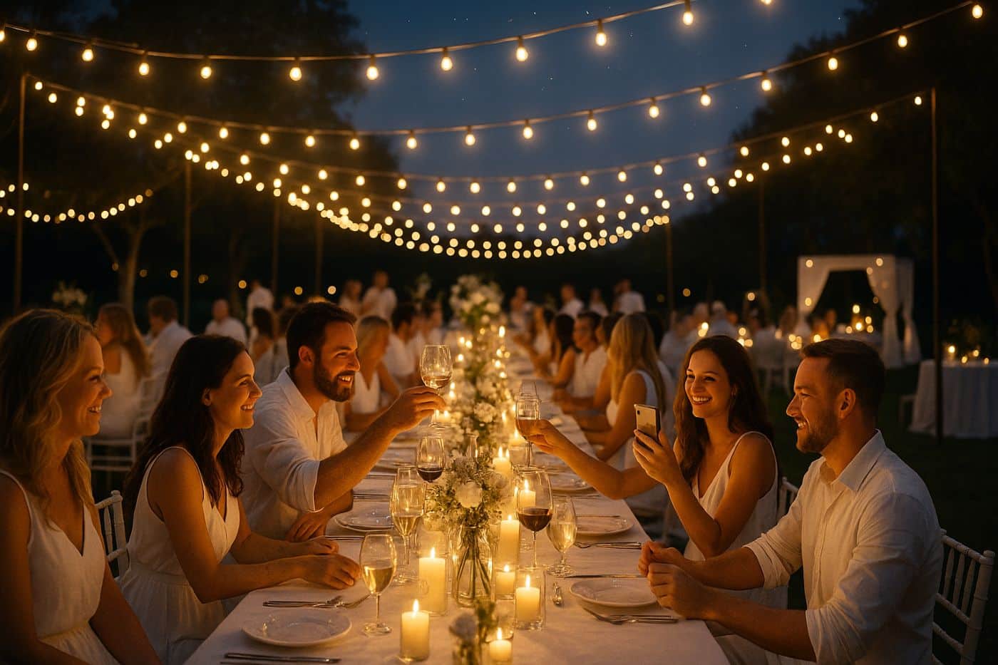 Invités habillés en blanc réunis autour d’une longue table en extérieur, sous des guirlandes lumineuses, lors d’une soirée blanche élégante et festive