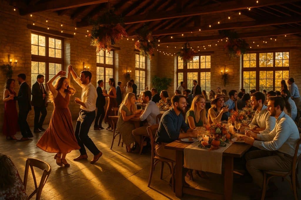 Soirée de mariage champêtre en automne dans une salle en pierre avec poutres apparentes, invités dansant et partageant un repas à la lumière dorée d’un soleil de fin de journée.