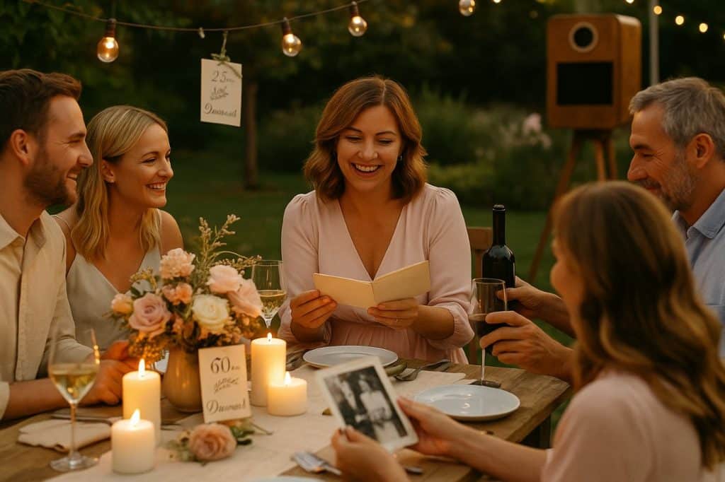 Femme partageant des souvenirs de mariage avec ses proches autour d’un dîner chaleureux en plein air, ambiance conviviale et nostalgique photobooth en bois