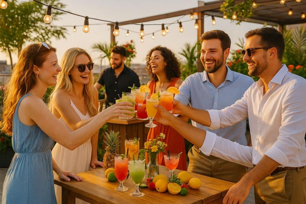 Collaborateurs trinquant avec des cocktails colorés lors d’une Summer Party sur rooftop au coucher du soleil