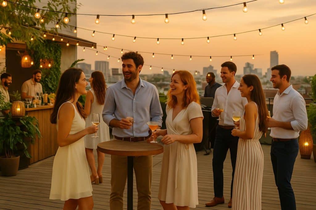 Collaborateurs profitant d'une summer party sur rooftop d'entreprise au coucher du soleil
