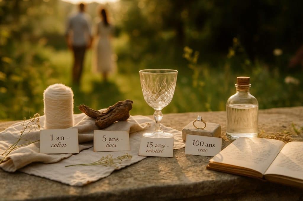 Objets symboliques des noces de mariage posés sur une table en pierre au coucher du soleil, avec coton, bois, cristal, diamant et eau