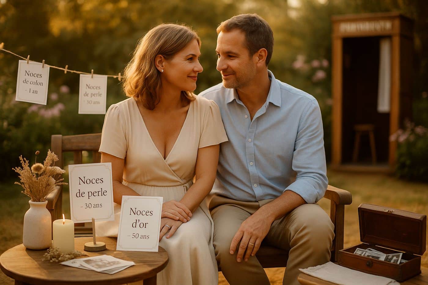 Couple assis dans un jardin fleuri entouré de cartes des noces de mariage, ambiance douce et élégante